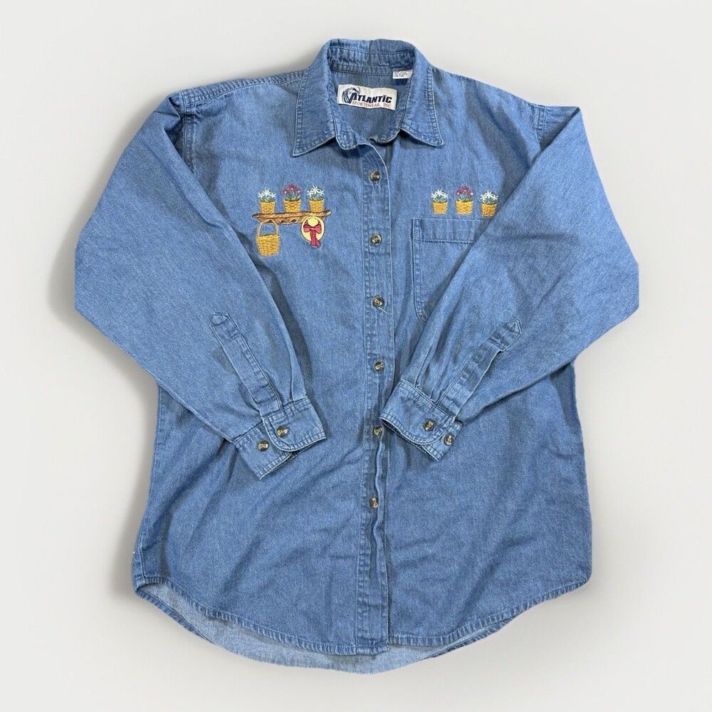 VTG Atlantic Sportswear Denim Shirt Small Embroidered Floral Design 100% Cotton